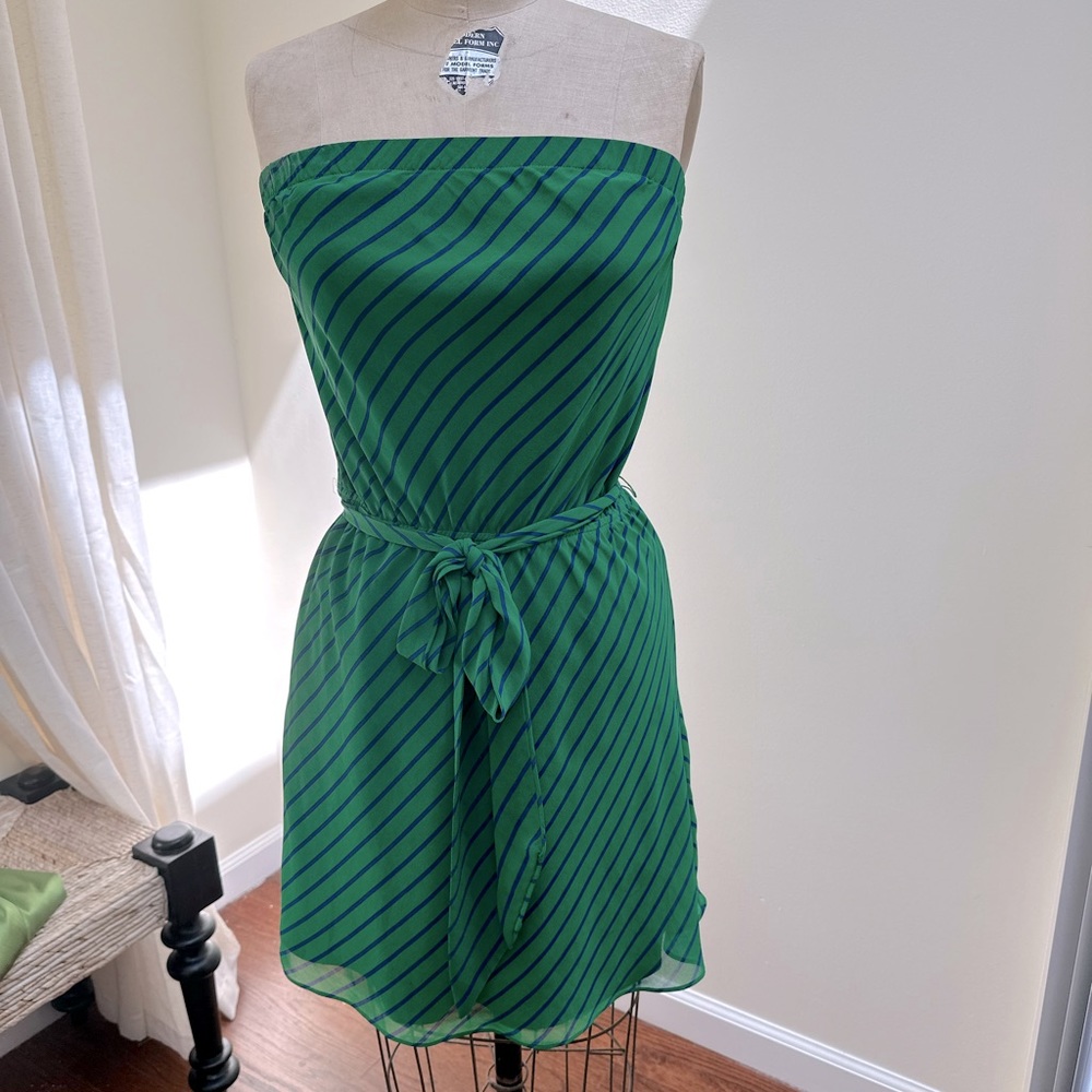 Green/navy stripe strapless dress fully lined .